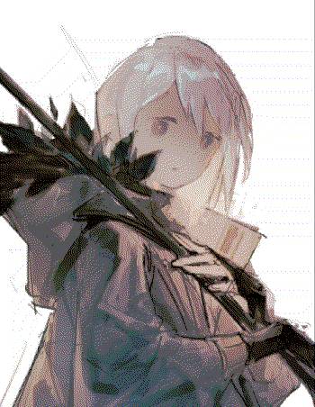 dithered official artwork of character rion holding his staff from the game nier reincarnation